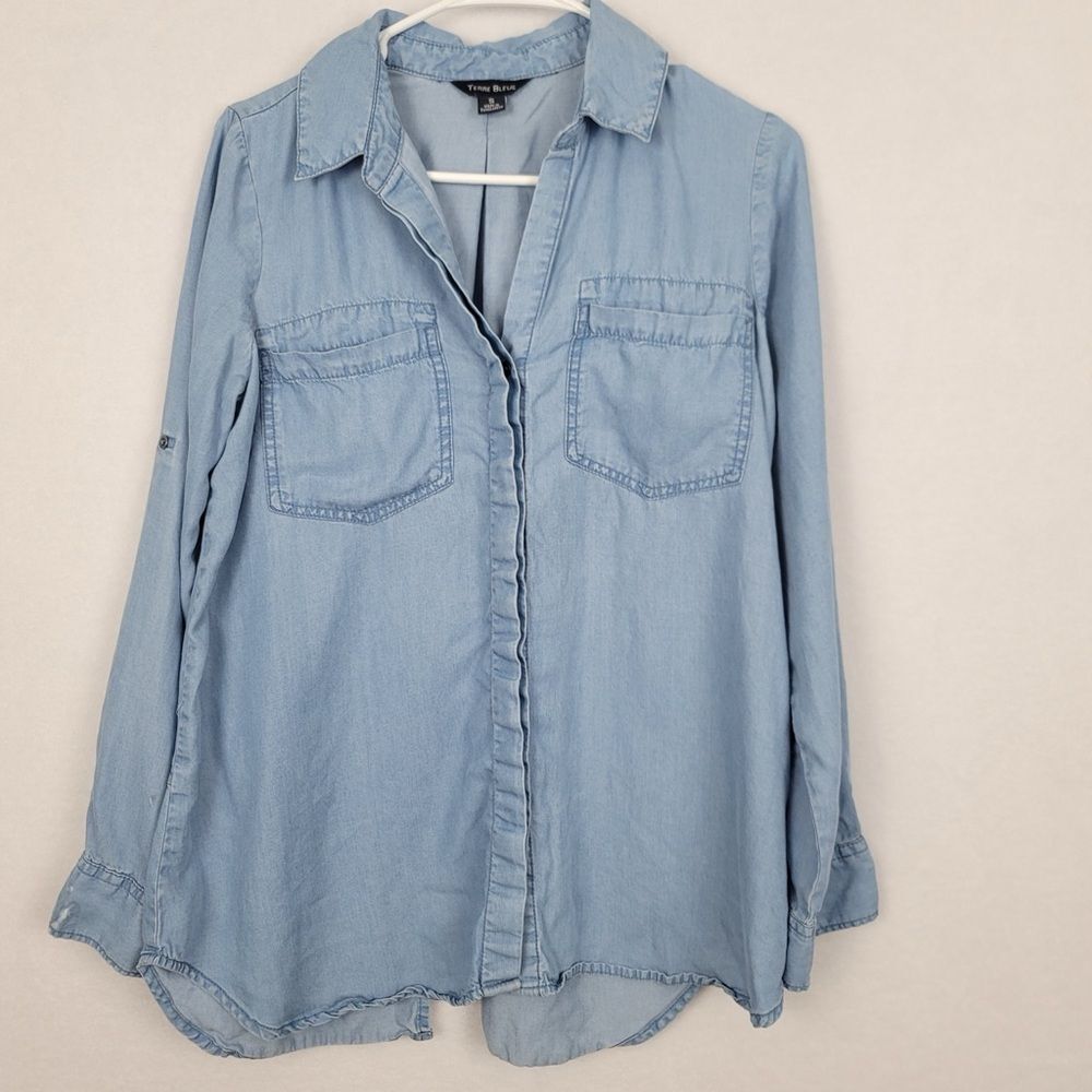 Terre Bleue Small Blue Denim Long Sleeve Button Down Casual Blouse Lagenlook
